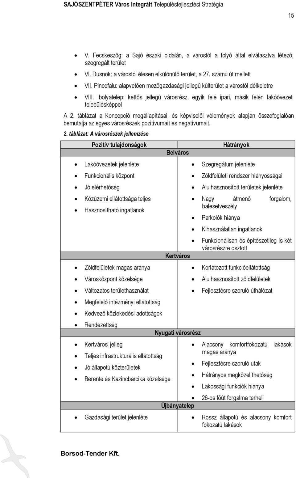 táblázat a Koncepció megállapításai, és képviselői vélemények alapján összefoglalóan bemutatja az egyes városrészek pozitívumait és negatívumait. 2.