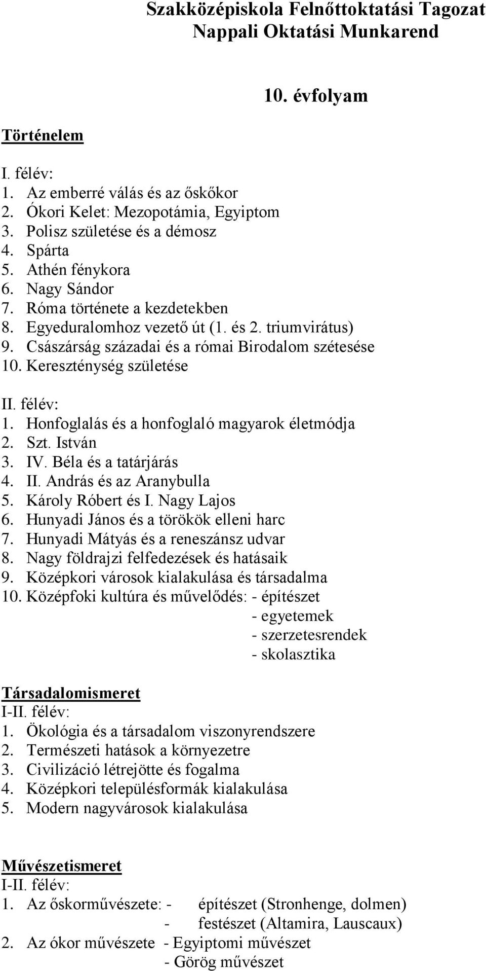 Császárság századai és a római Birodalom szétesése 10. Kereszténység születése II. félév: 1. Honfoglalás és a honfoglaló magyarok életmódja 2. Szt. István 3. IV. Béla és a tatárjárás 4. II. András és az Aranybulla 5.