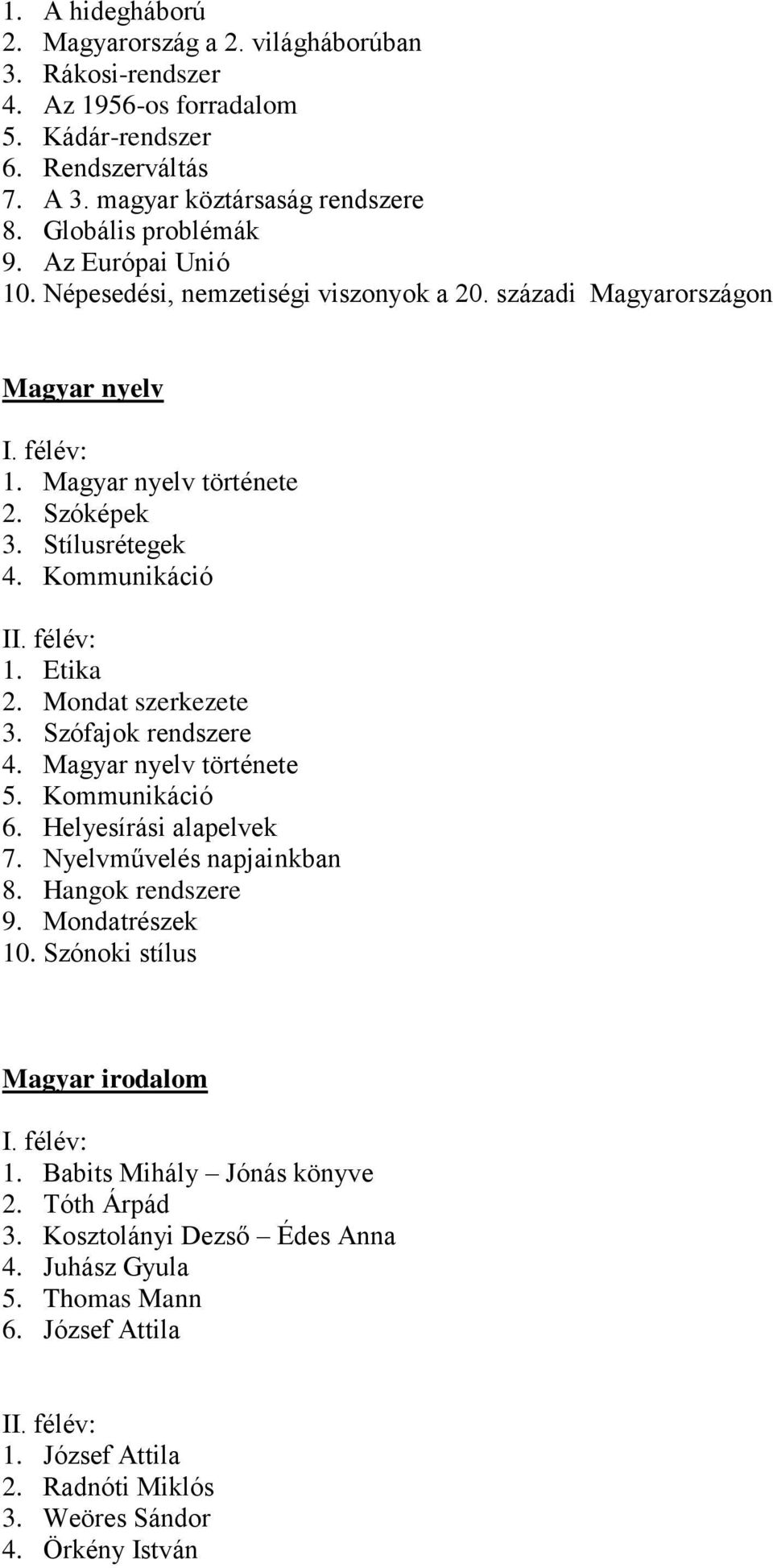 Mondat szerkezete 3. Szófajok rendszere 4. Magyar nyelv története 5. Kommunikáció 6. Helyesírási alapelvek 7. Nyelvművelés napjainkban 8. Hangok rendszere 9. Mondatrészek 10.