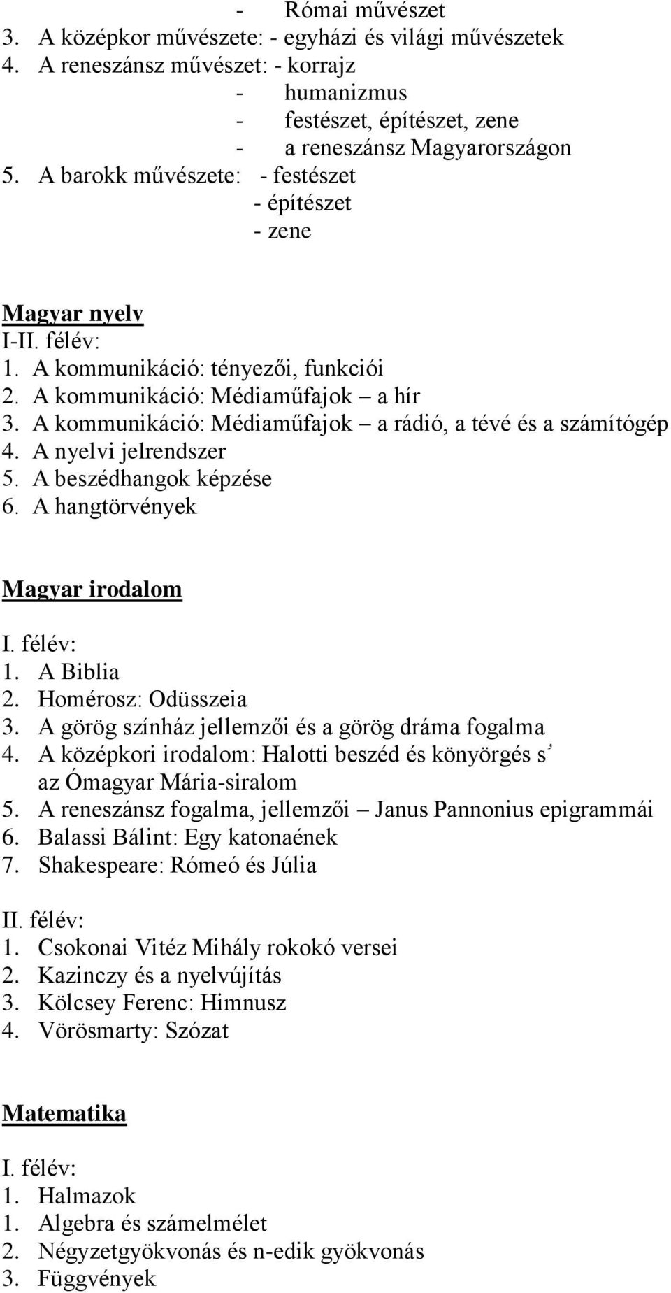 A kommunikáció: Médiaműfajok a rádió, a tévé és a számítógép 4. A nyelvi jelrendszer 5. A beszédhangok képzése 6. A hangtörvények Magyar irodalom I. félév: 1. A Biblia 2. Homérosz: Odüsszeia 3.