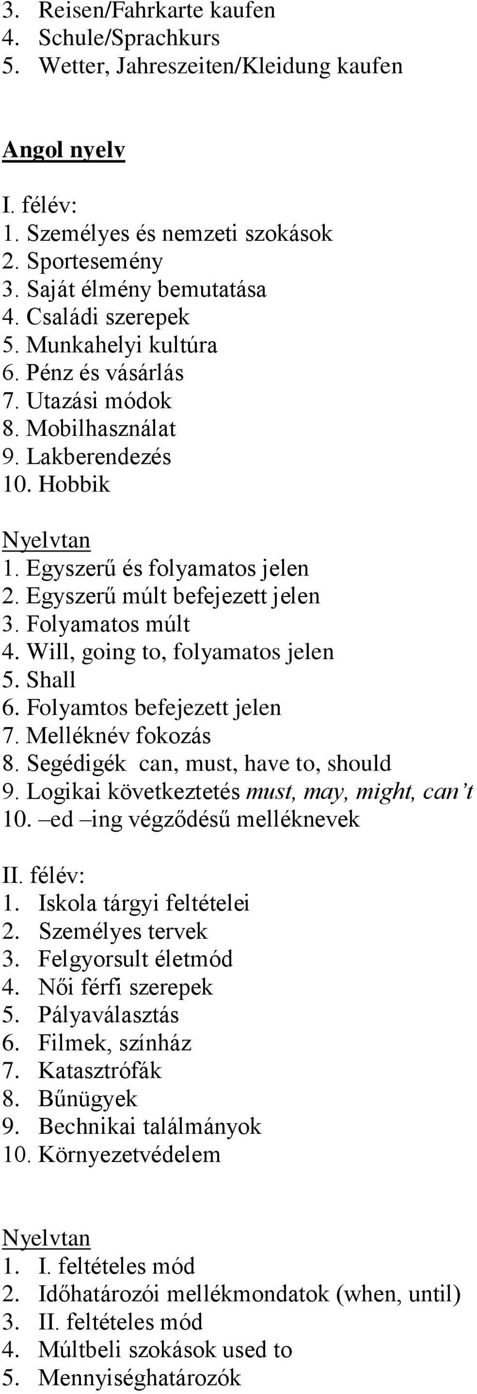 Folyamatos múlt 4. Will, going to, folyamatos jelen 5. Shall 6. Folyamtos befejezett jelen 7. Melléknév fokozás 8. Segédigék can, must, have to, should 9.