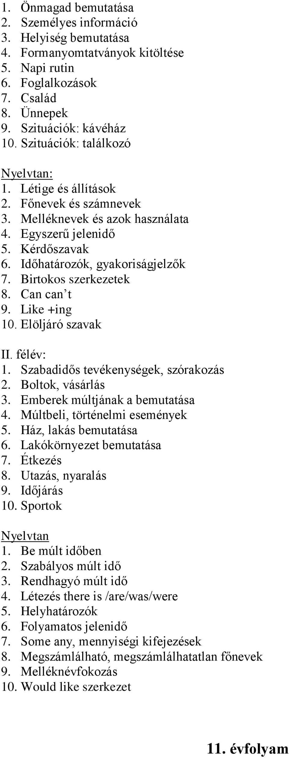 Birtokos szerkezetek 8. Can can t 9. Like +ing 10. Elöljáró szavak II. félév: 1. Szabadidős tevékenységek, szórakozás 2. Boltok, vásárlás 3. Emberek múltjának a bemutatása 4.