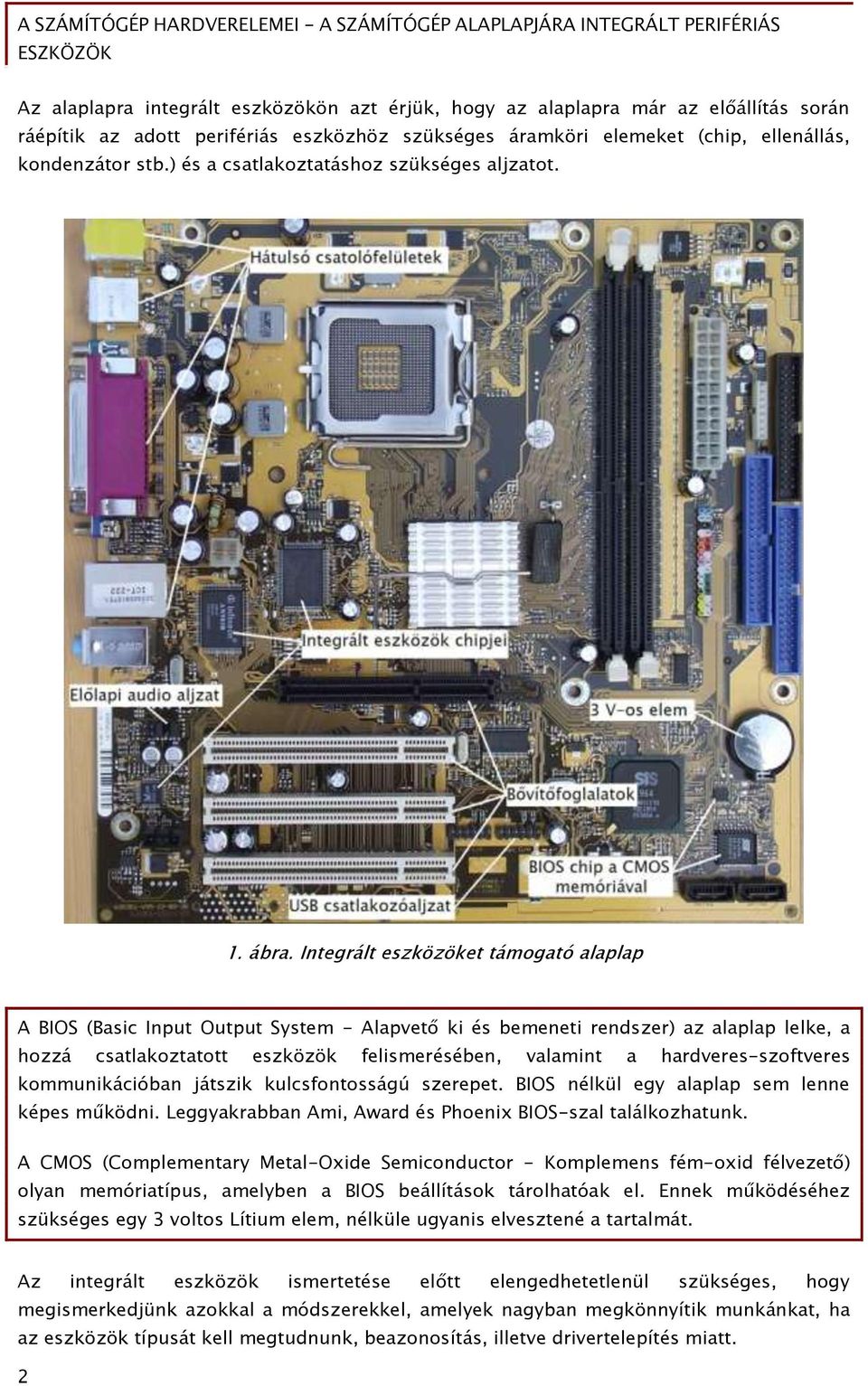 Integrált eszközöket támogató alaplap A BIOS (Basic Input Output System - Alapvető ki és bemeneti rendszer) az alaplap lelke, a hozzá csatlakoztatott eszközök felismerésében, valamint a