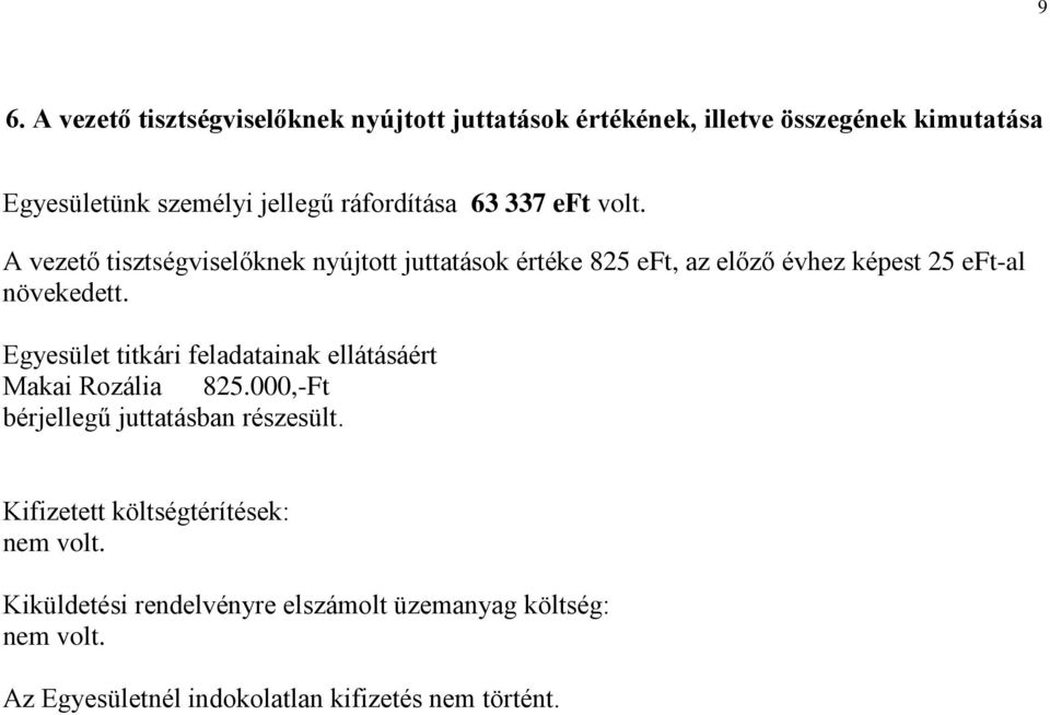 A vezető tisztségviselőknek nyújtott juttatások értéke 825 eft, az előző évhez képest 25 eft-al növekedett.