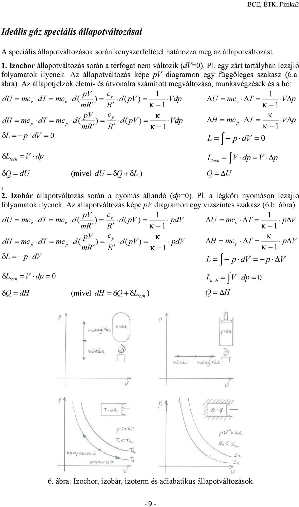 z állaotjelzők elem- és útvonalra számított megváltozása, munkavégzések és a hő: du mc dt mc d V cv v v ( d V Vd mr ) R ( ) κ U mcv T V κ dh mc dt mc d V c ( d V Vd mr ) R ( ) κ κ κ H mc T V κ δ L dv