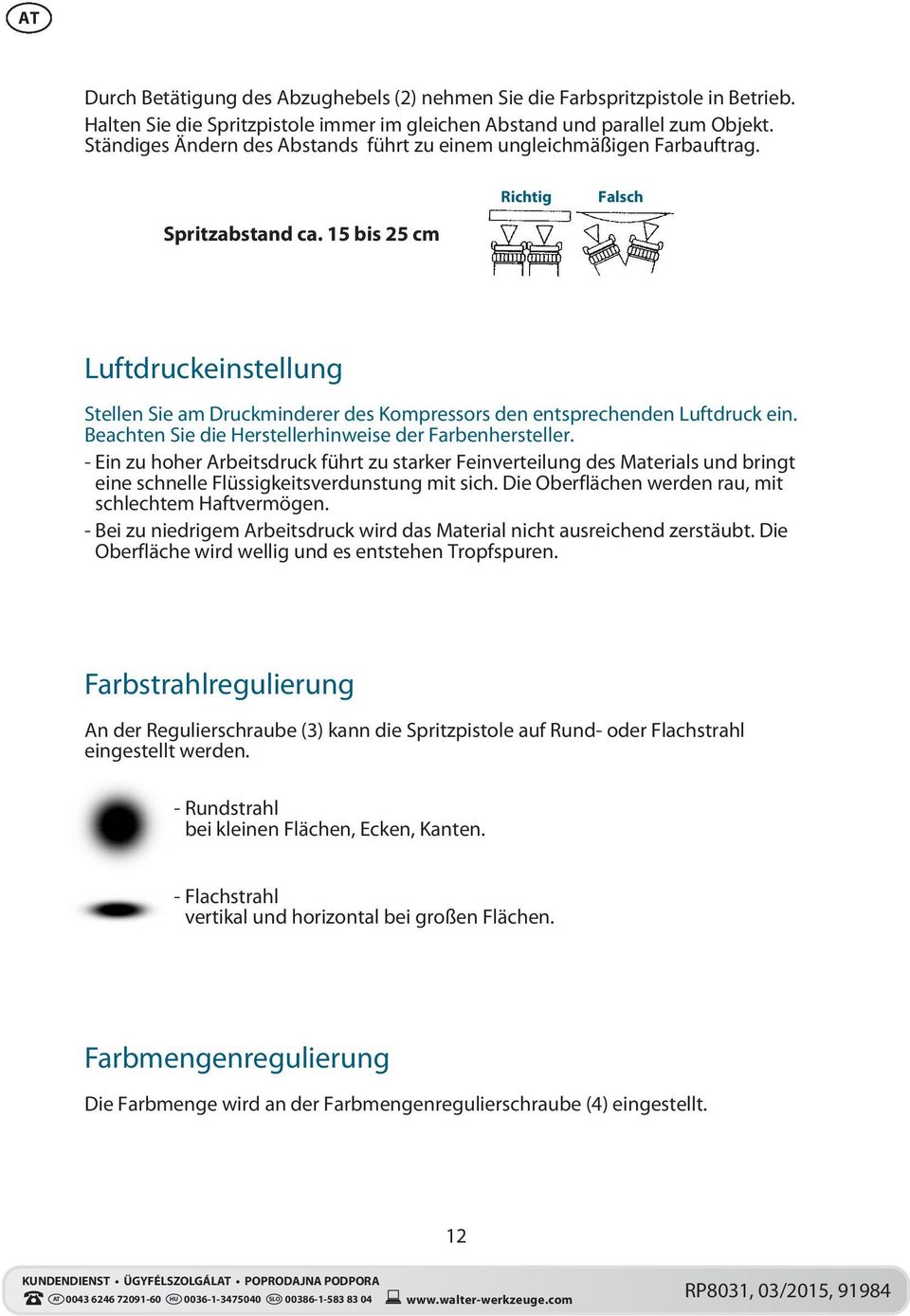 15 bis 25 cm Richtig Falsch Luftdruckeinstellung Stellen Sie am Druckminderer des Kompressors den entsprechenden Luftdruck ein. Beachten Sie die Herstellerhinweise der Farbenhersteller.