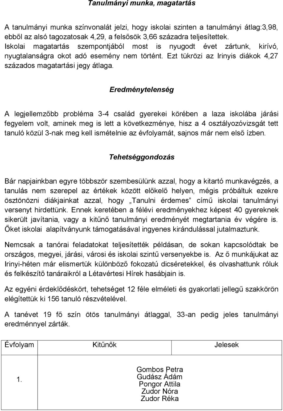 Eredménytelenség A legjellemzőbb probléma 3-4 család gyerekei körében a laza iskolába járási fegyelem volt, aminek meg is lett a következménye, hisz a 4 osztályozóvizsgát tett tanuló közül 3-nak meg