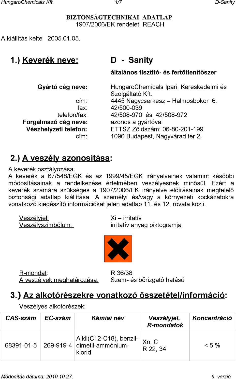 fax: 42/500-039 telefon/fax: 42/508-970 és 42/508-972 Forgalmazó cég neve: azonos a gyártóval Vészhelyzeti telefon: ETTSZ Zöldszám: 06-80-201-199 cím: 1096 Budapest, Nagyvárad tér 2.