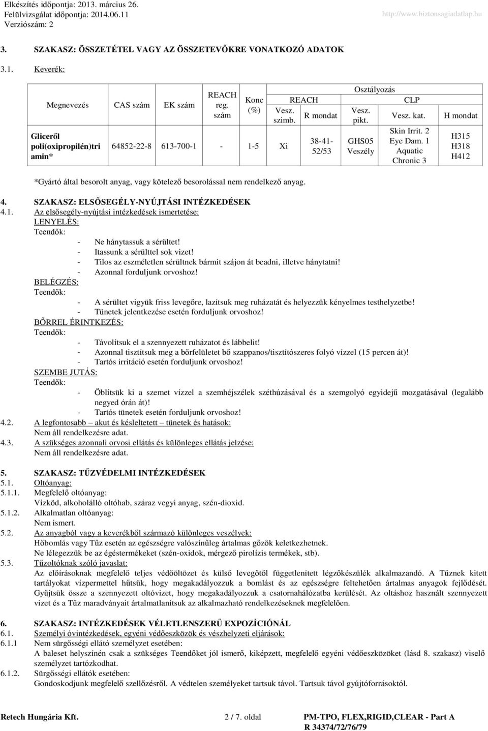 1 Aquatic Chronic 3 H315 H318 H412 *Gyártó által besorolt anyag, vagy kötelező besorolással nem rendelkező anyag. 4. SZAKASZ: ELSŐSEGÉLYNYÚJTÁSI INTÉZKEDÉSEK 4.1. Az elsősegélynyújtási intézkedések ismertetése: LENYELÉS: BELÉGZÉS: Ne hánytassuk a sérültet!