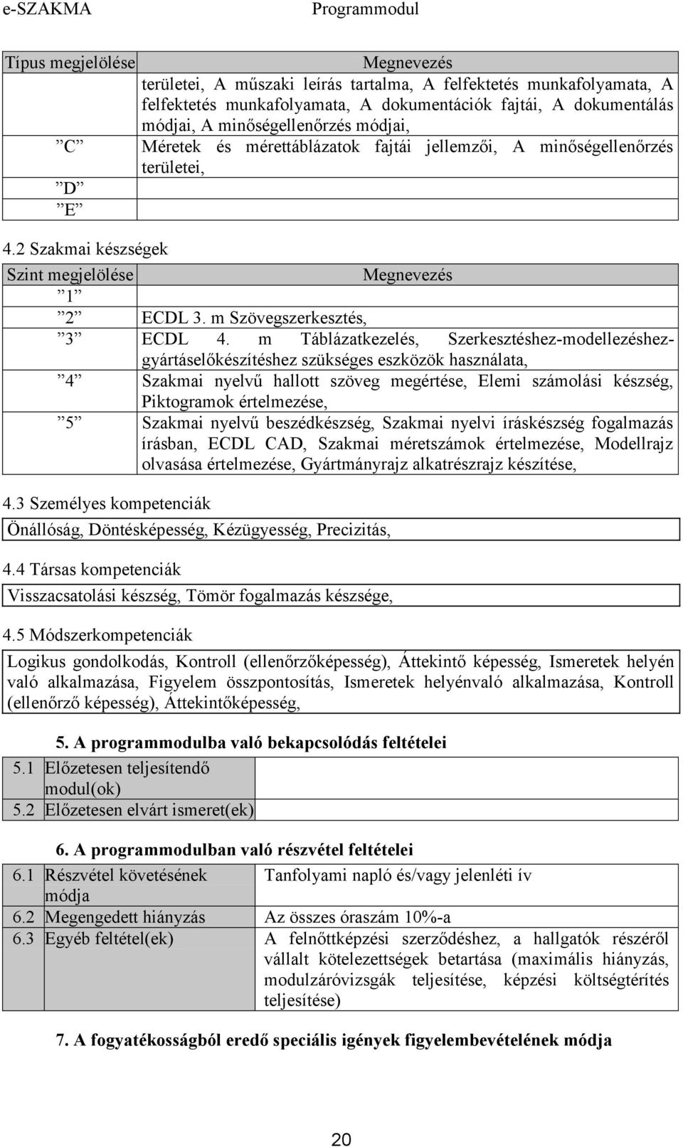 m Táblázatkezelés, Szerkesztéshez-modellezéshezgyártáselőkészítéshez szükséges eszközök használata, 4 Szakmai nyelvű hallott szöveg megértése, Elemi számolási készség, Piktogramok értelmezése, 5