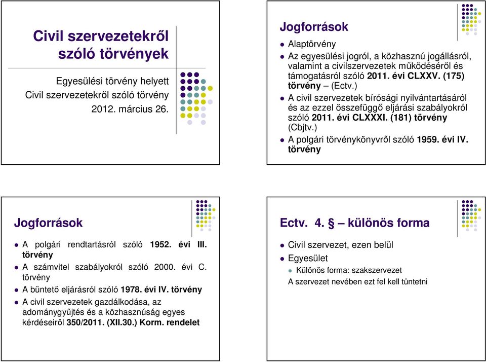 ) A civil szervezetek bírósági nyilvántartásáról és az ezzel összefüggő eljárási szabályokról szóló 2011. évi CLXXXI. (181) törvény (Cbjtv.) A polgári törvénykönyvről szóló 1959. évi IV.