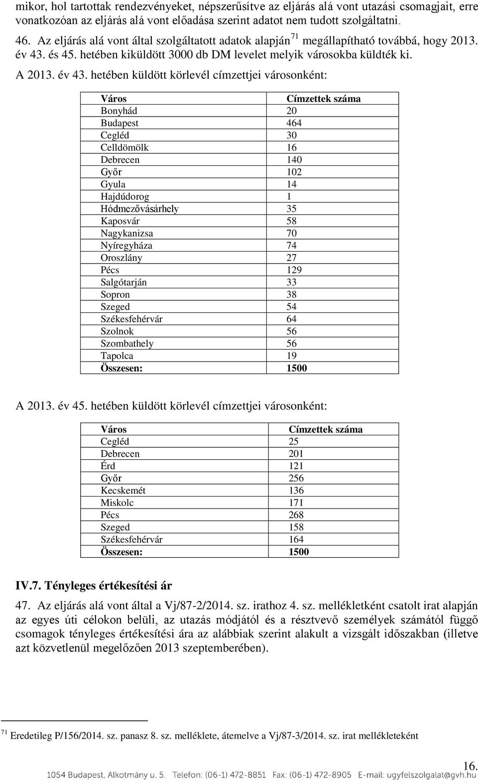 és 45. hetében kiküldött 3000 db DM levelet melyik városokba küldték ki. A 2013. év 43.