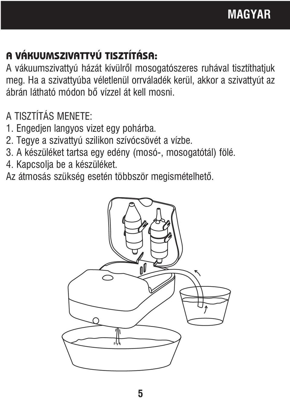 A TISZTÍTÁS MENETE: 1. Engedjen langyos vizet egy pohárba. 2. Tegye a szivattyú szilikon szívócsövét a vízbe. 3.