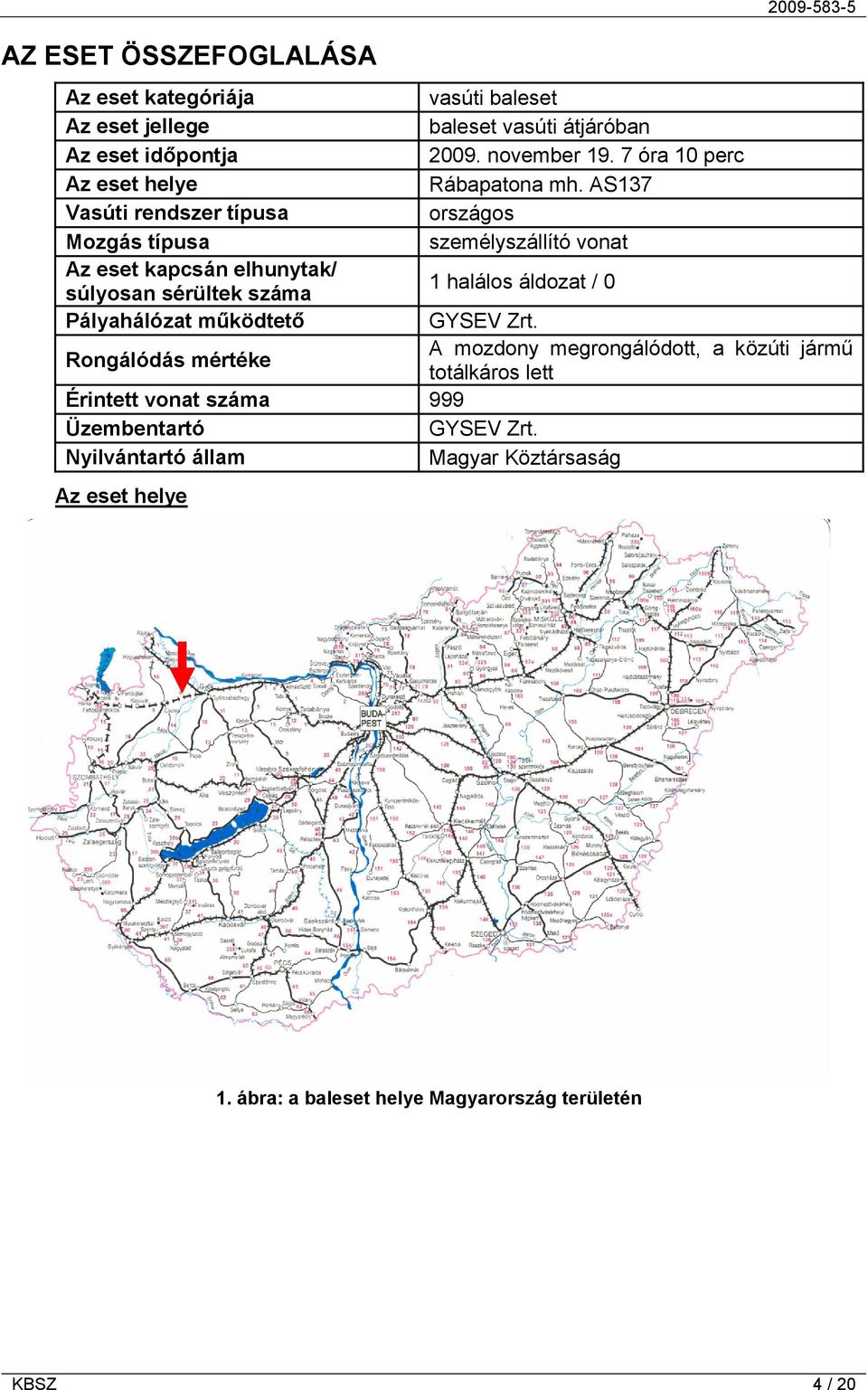 AS137 Vasúti rendszer típusa országos Mozgás típusa személyszállító vonat Az eset kapcsán elhunytak/ súlyosan sérültek száma 1 halálos áldozat / 0