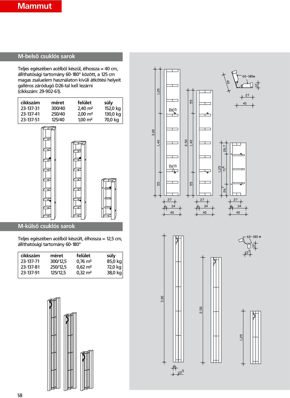 cikkszám méret felület súly 23-137-31 300/40 2,40 m² 152,0 kg 23-137-41 250/40 2,00 m² 130,0 kg 23-137-51 125/40 1,00 m² 70,0 kg M-külső csuklós sarok