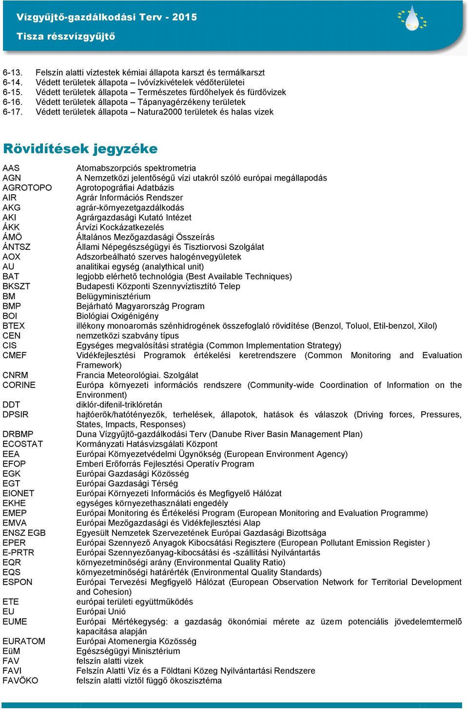 Védett területek állapota Natura2000 területek és halas vizek Rövidítések jegyzéke AAS Atomabszorpciós spektrometria AGN A Nemzetközi jelentőségű vízi utakról szóló európai megállapodás AGROTOPO