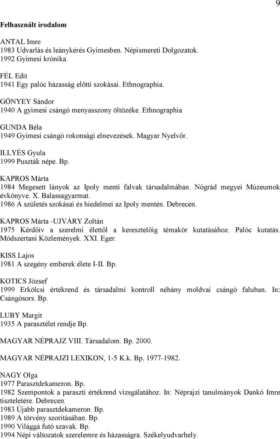 KAPROS Márta 1984 Megesett lányok az Ipoly menti falvak társadalmában. Nógrád megyei Múzeumok évkönyve. X. Balassagyarmat. 1986 A születés szokásai és hiedelmei az Ipoly mentén. Debrecen.