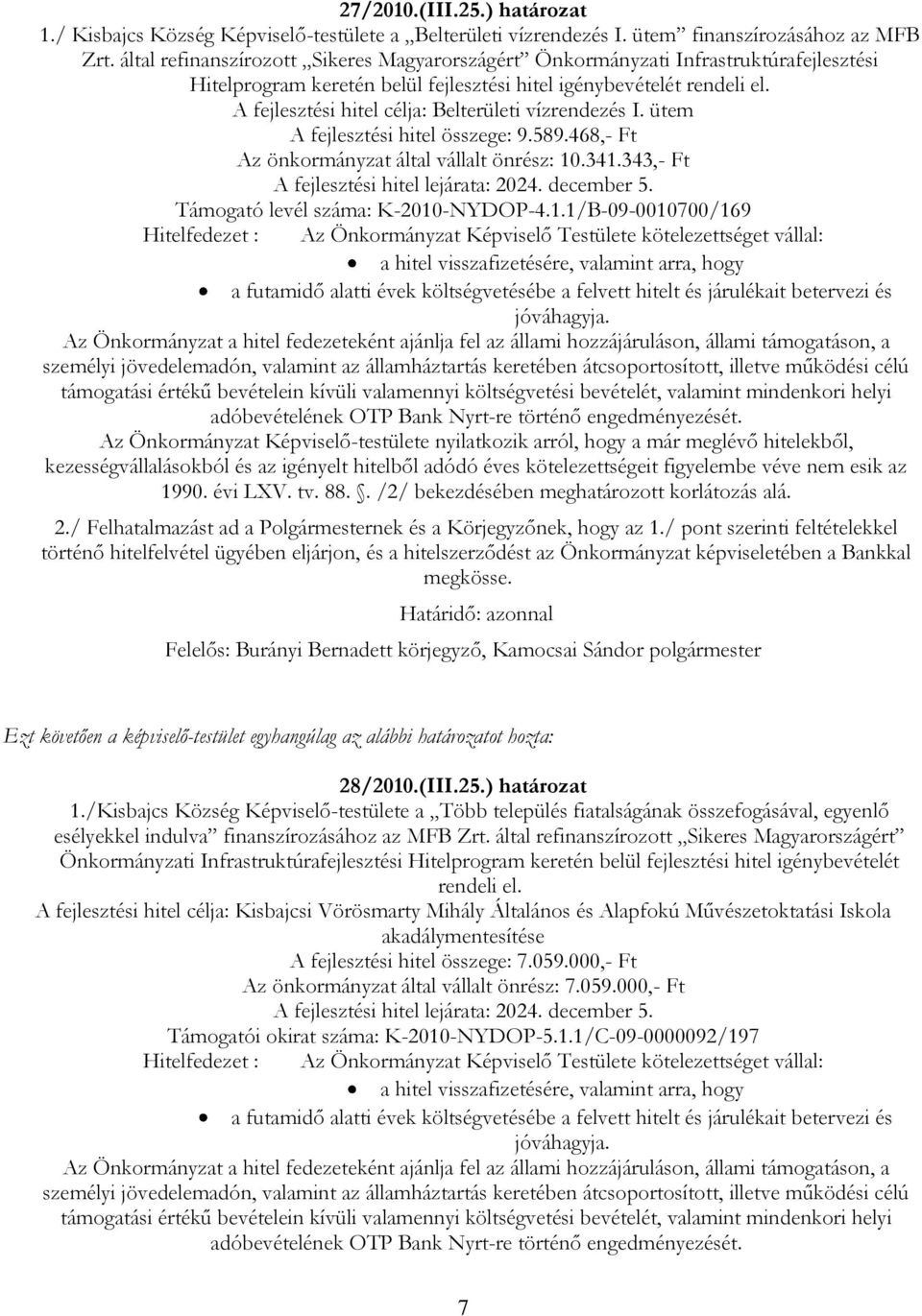 A fejlesztési hitel célja: Belterületi vízrendezés I. ütem A fejlesztési hitel összege: 9.589.468,- Ft Az önkormányzat által vállalt önrész: 10.341.343,- Ft A fejlesztési hitel lejárata: 2024.