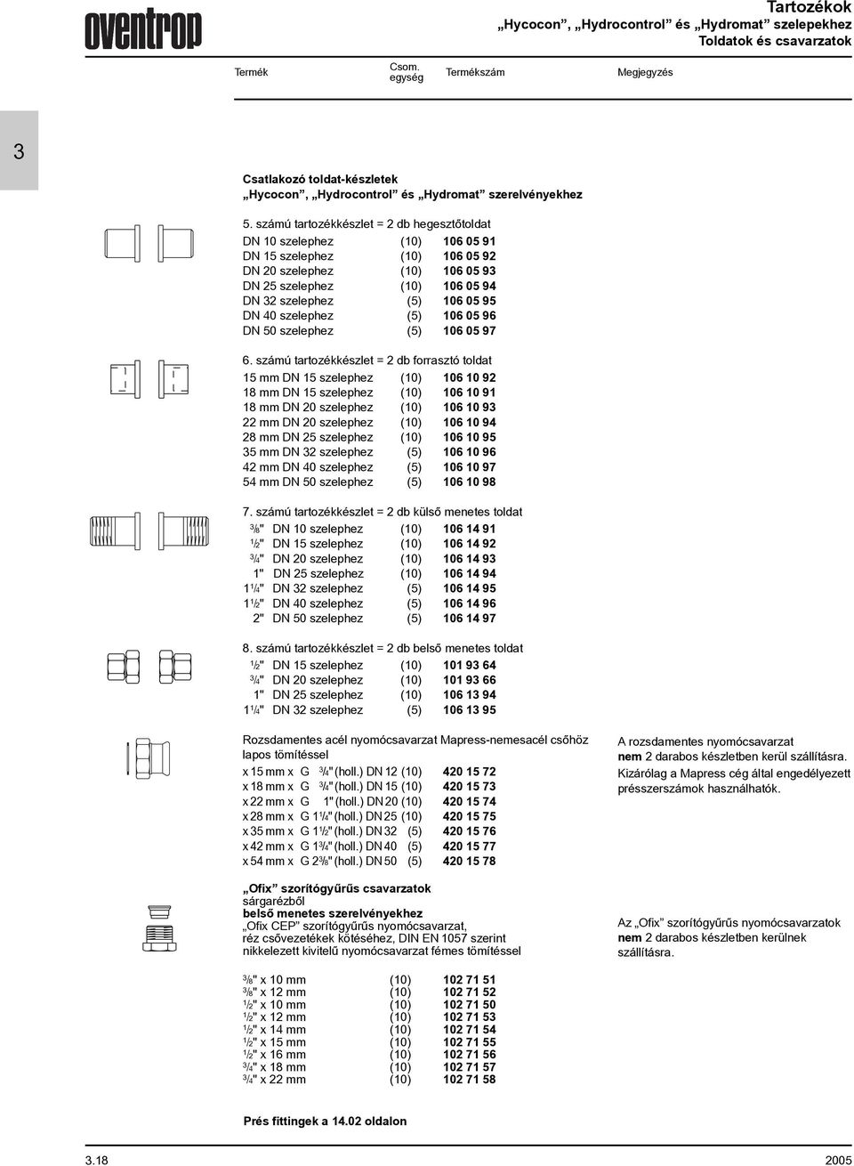 számú tartozékkészlet = 2 db hegesztõtoldat DN szelephez () 6 5 9 DN 5 szelephez () 6 5 92 DN 2 szelephez () 6 5 9 DN 25 szelephez () 6 5 94 DN 2 szelephez (5) 6 5 95 DN 4 szelephez (5) 6 5 96 DN 5