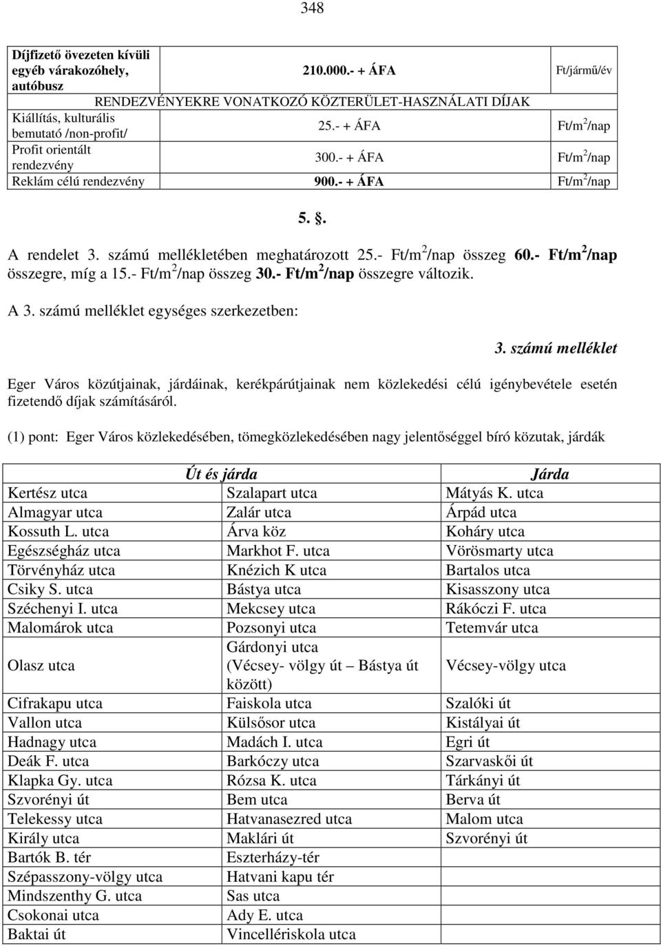 - Ft/m 2 /nap összegre, míg a 15.- Ft/m 2 /nap összeg 30.- Ft/m 2 /nap összegre változik. A 3. számú melléklet egységes szerkezetben: 3.