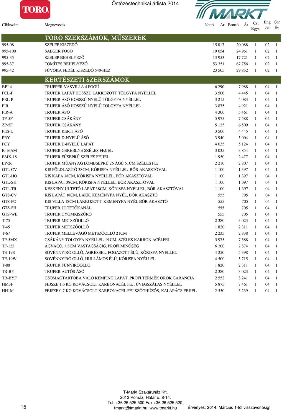 1 PRL-P TRUPER ÁSÓ HOSSZÚ NYELŰ TÖLGYFA NYÉLLEL 3 215 4 083 1 04 1 PIR TRUPER ÁSÓ HOSSZÚ NYELŰ TÖLGYFA NYÉLLEL 3 875 4 921 1 04 1 PIR-A TRUPER ÁSÓ 4 300 5 461 1 04 1 TP-5F TRUPER CSÁKÁNY 5 975 7 588
