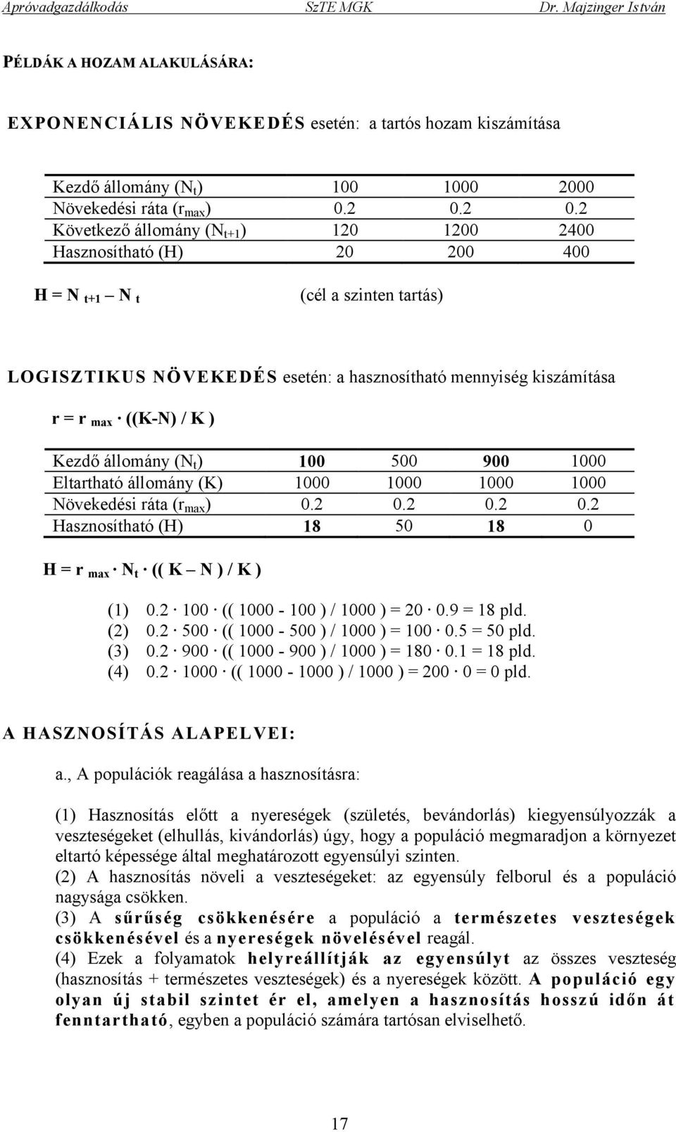 / K ) Kezdő állomány (N t ) 100 500 900 1000 Eltartható állomány (K) 1000 1000 1000 1000 Növekedési ráta (r max ) 0.2 0.2 0.2 0.2 Hasznosítható (H) 18 50 18 0 H = r max N t (( K N ) / K ) (1) 0.