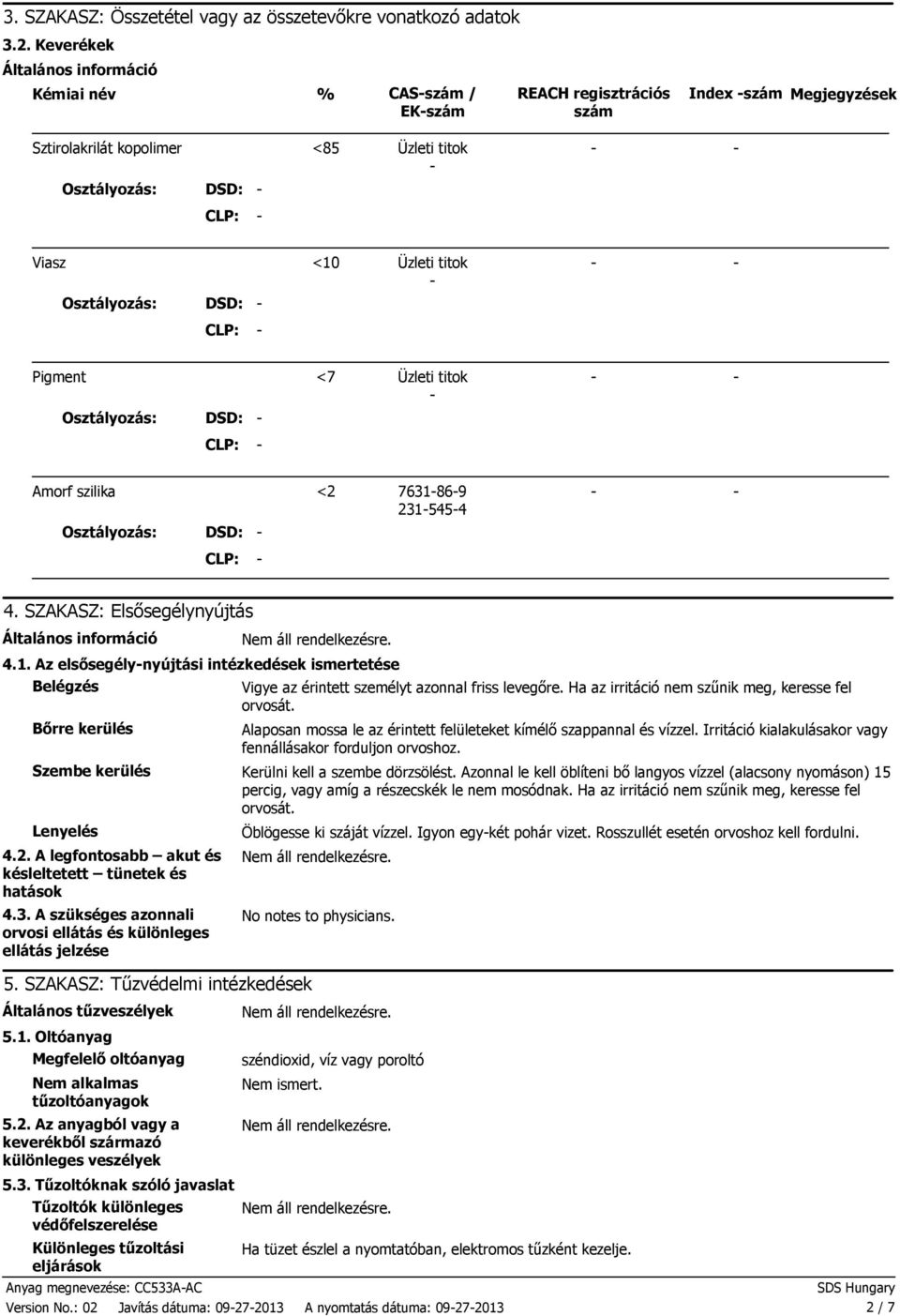 Osztályozás: DSD: Pigment <7 Üzleti titok Osztályozás: DSD: Amorf szilika <2 76318