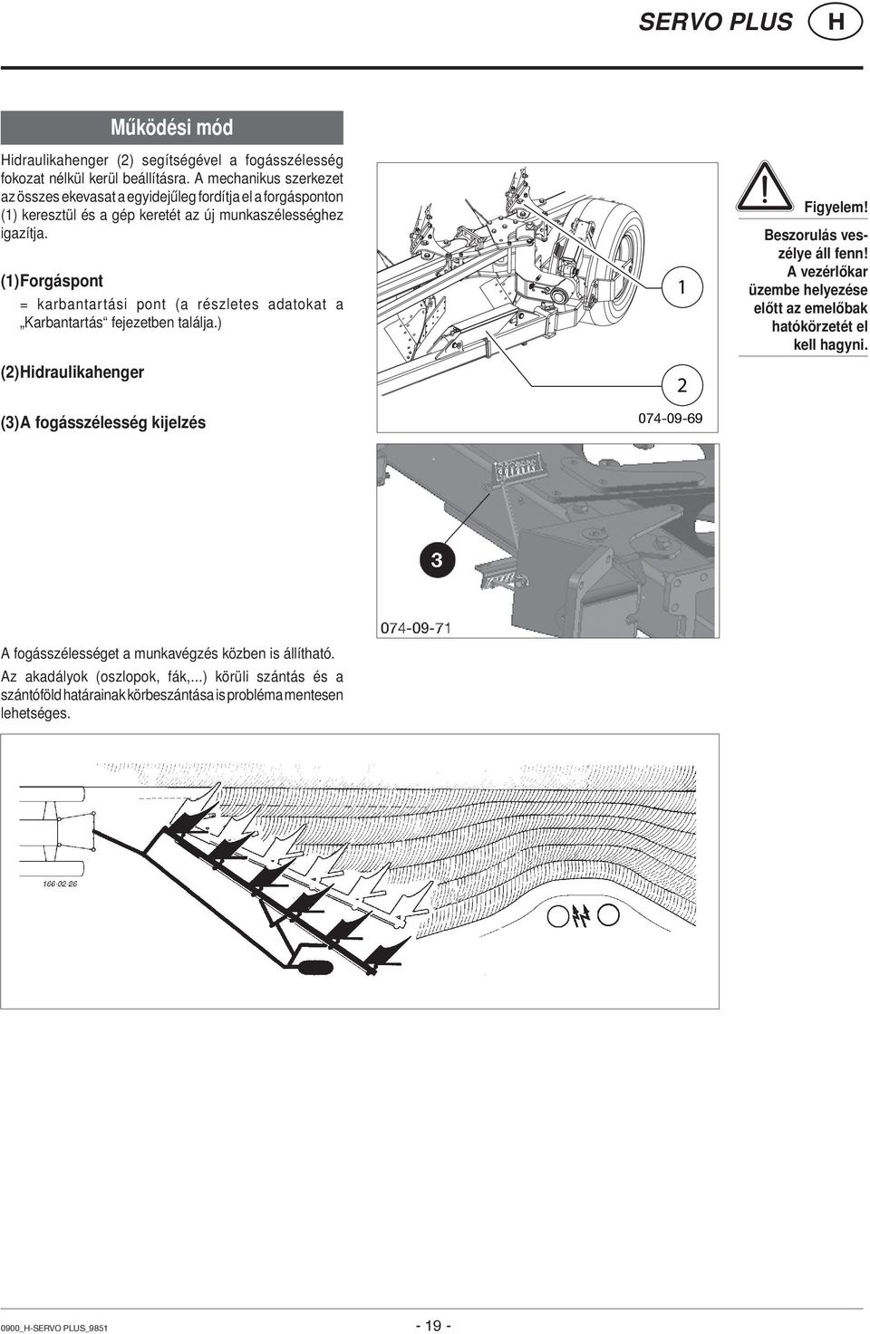 (1) Forgáspont = karbantartási pont (a részletes adatokat a Karbantartás fejezetben találja.) (2) idraulikahenger (3) A fogásszélesség kijelzés 1 2 074-09-69 Figyelem!