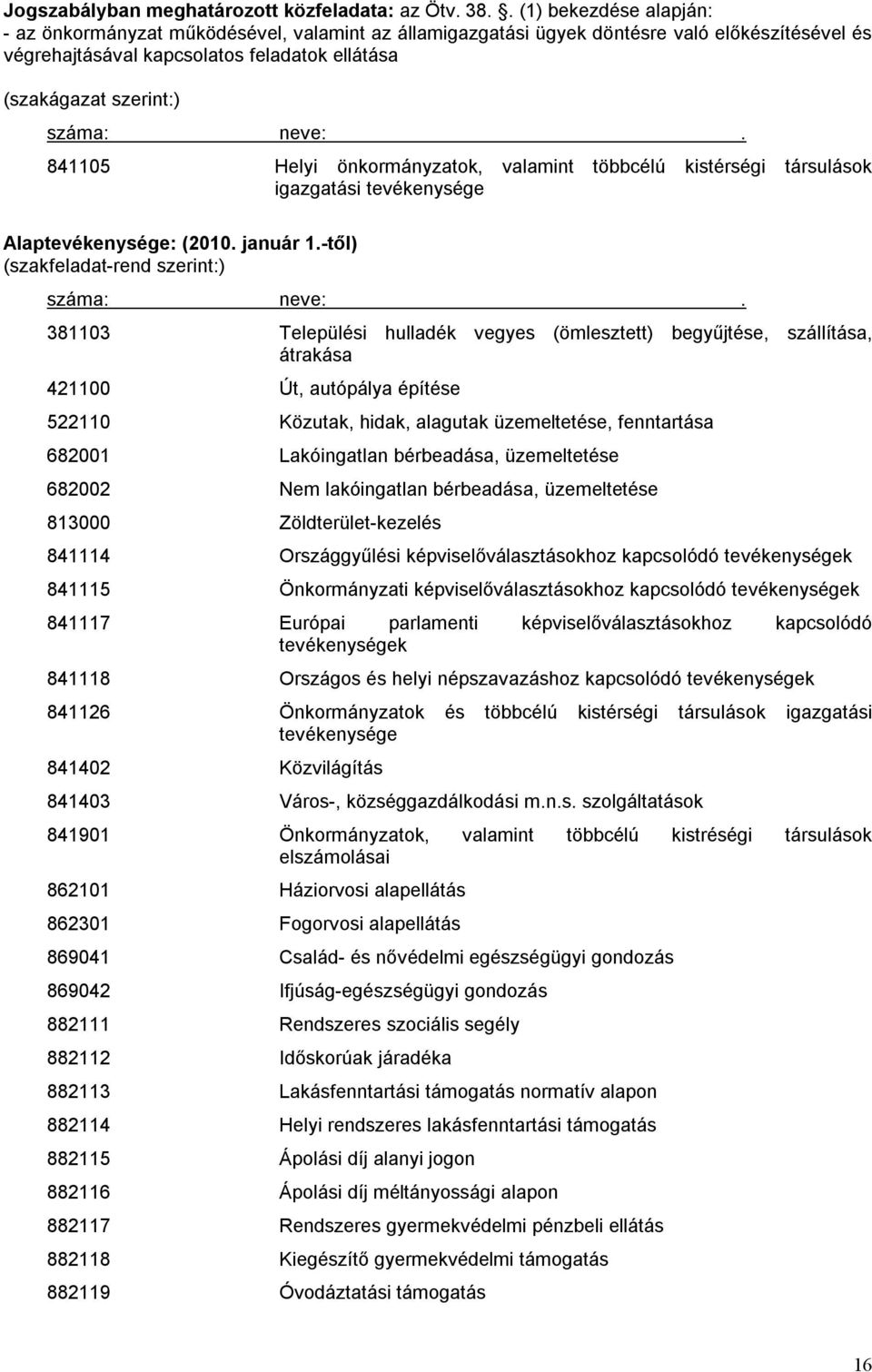 neve:. 841105 Helyi önkormányzatok, valamint többcélú kistérségi társulások igazgatási tevékenysége Alaptevékenysége: (2010. január 1.-től) (szakfeladat-rend szerint:) száma: neve:.