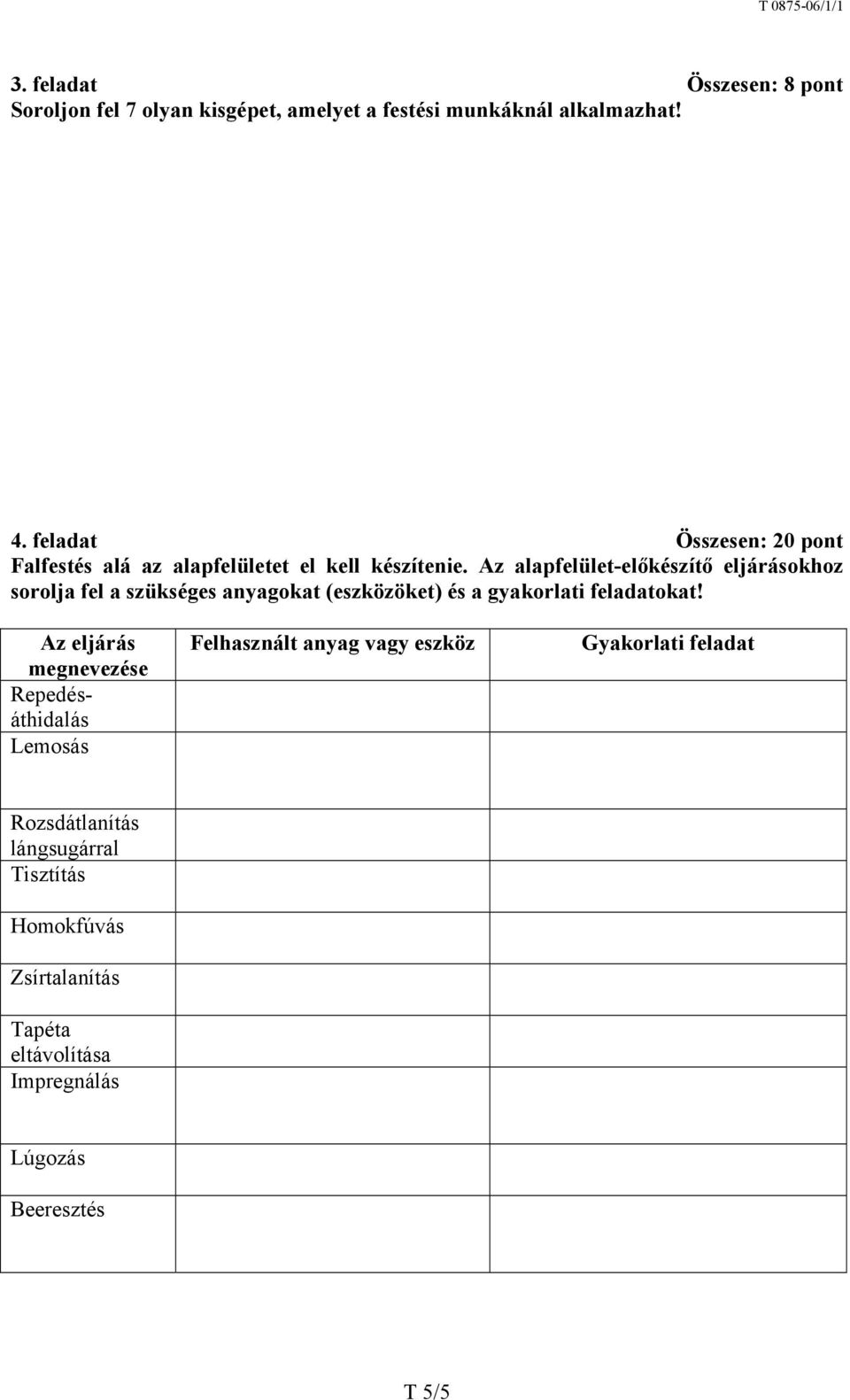 Az alapfelület-előkészítő eljárásokhoz sorolja fel a szükséges anyagokat (eszközöket) és a gyakorlati feladatokat!