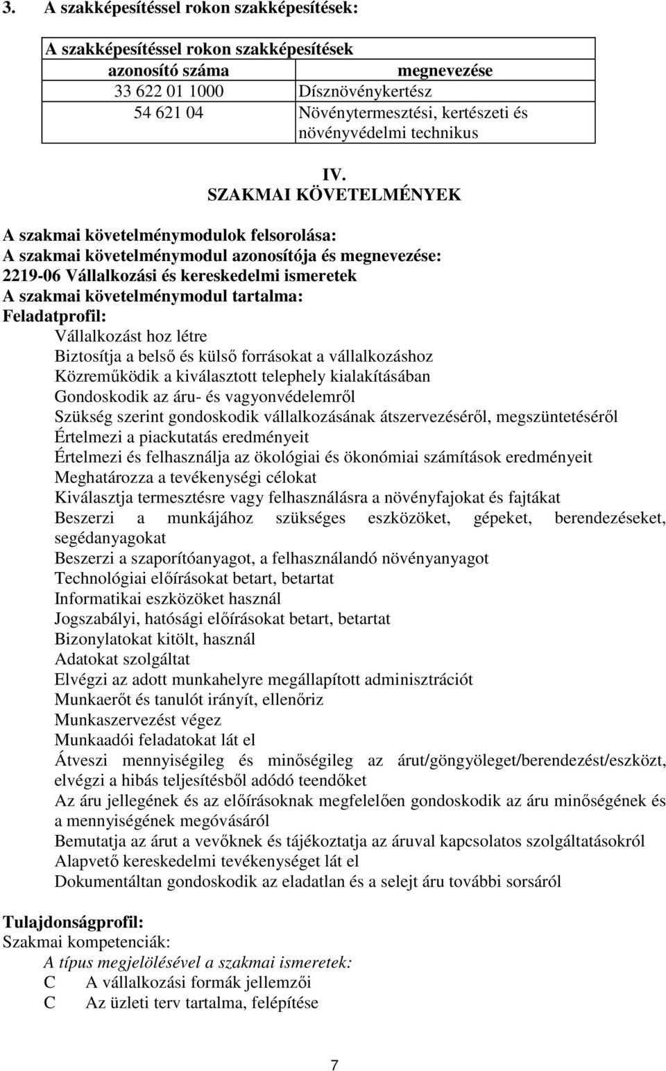 SZAKMAI KÖVETELMÉNYEK A szakmai követelménymodulok felsorolása: A szakmai követelménymodul azonosítója és megnevezése: 2219-06 Vállalkozási és kereskedelmi ismeretek A szakmai követelménymodul