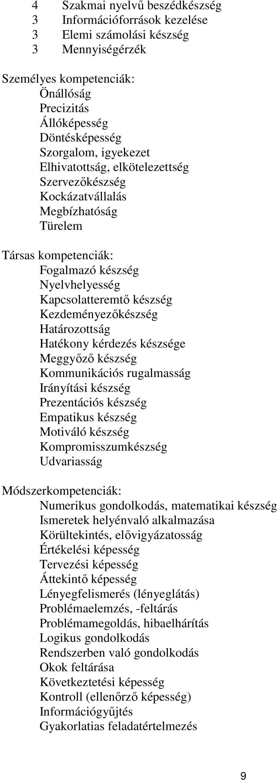 Hatékony kérdezés készsége Meggyőző készség Kommunikációs rugalmasság Irányítási készség Prezentációs készség Empatikus készség Motiváló készség Kompromisszumkészség Udvariasság Módszerkompetenciák: