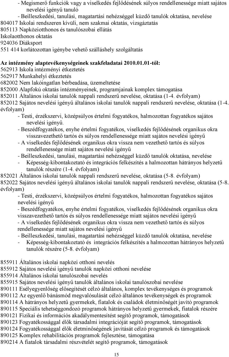 szálláshely szolgáltatás Az intézmény alaptevékenységeinek szakfeladatai 2010