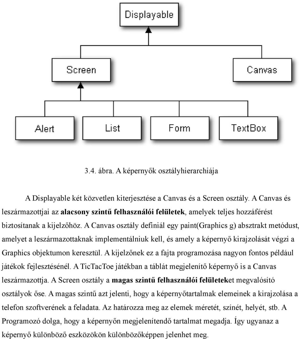A Canvas osztály definiál egy paint(graphics g) absztrakt metódust, amelyet a leszármazottaknak implementálniuk kell, és amely a képernyő kirajzolását végzi a Graphics objektumon keresztül.