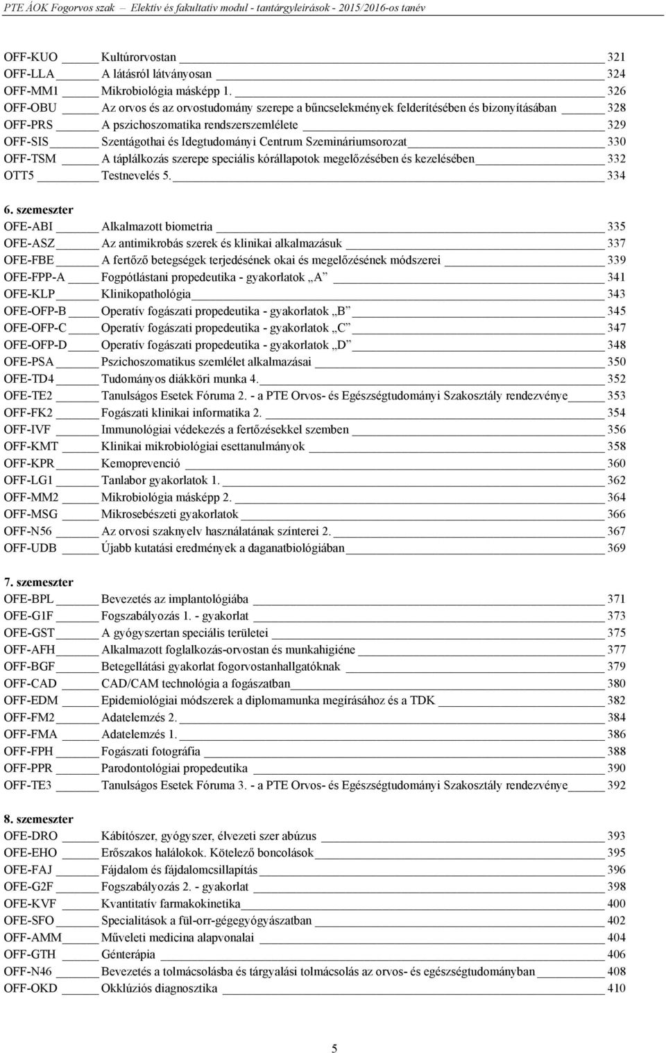 Szemináriumsorozat 330 OFF-TSM A táplálkozás szerepe speciális kórállapotok megelőzésében és kezelésében 332 OTT5 Testnevelés 5. 334 6.