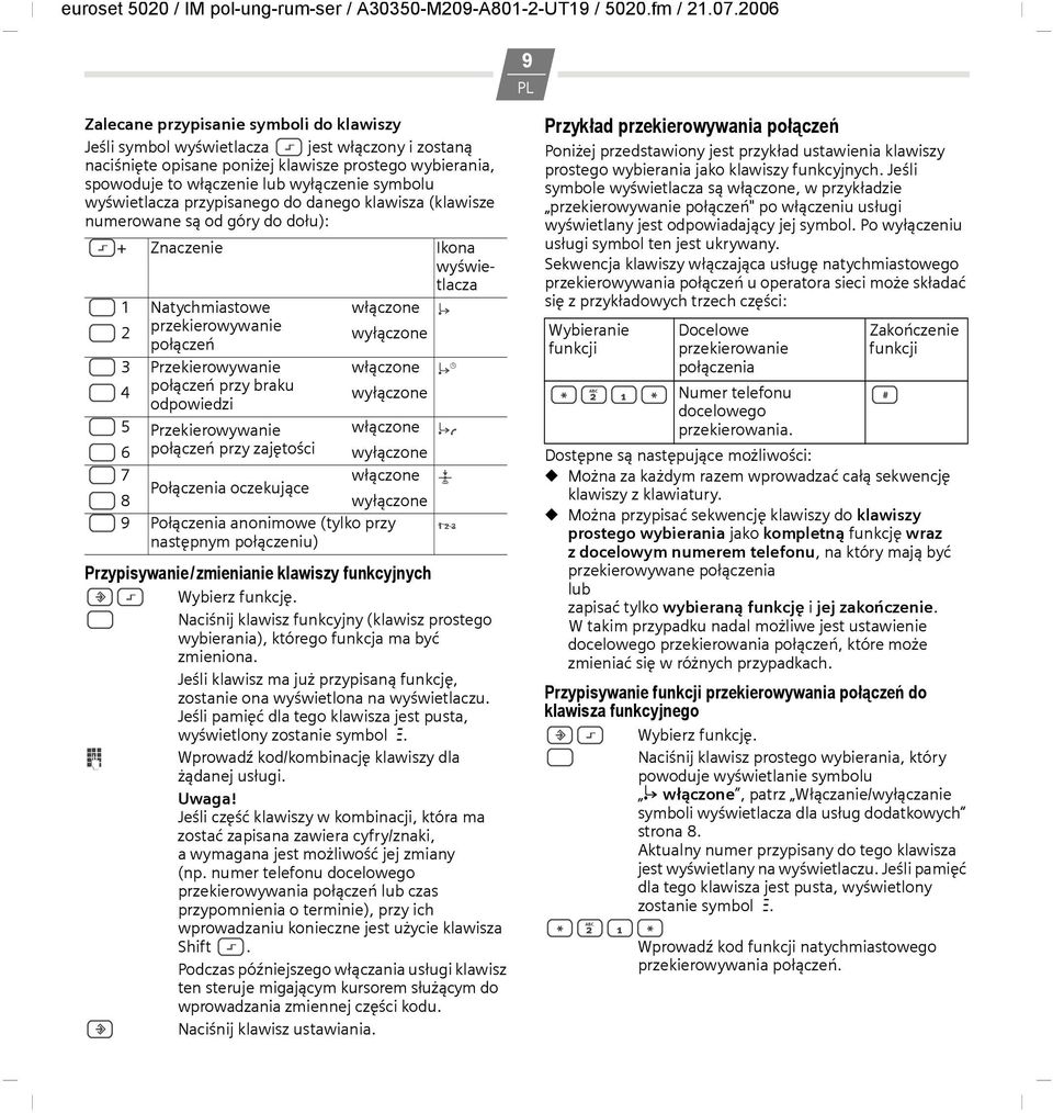 Przekierowywanie włączone : 4 połączeń przy braku odpowiedzi wyłączone : 5 Przekierowywanie włączone : 6 połączeń przy zajętości wyłączone : 7 włączone ë Połączenia oczekujące : 8 wyłączone : 9