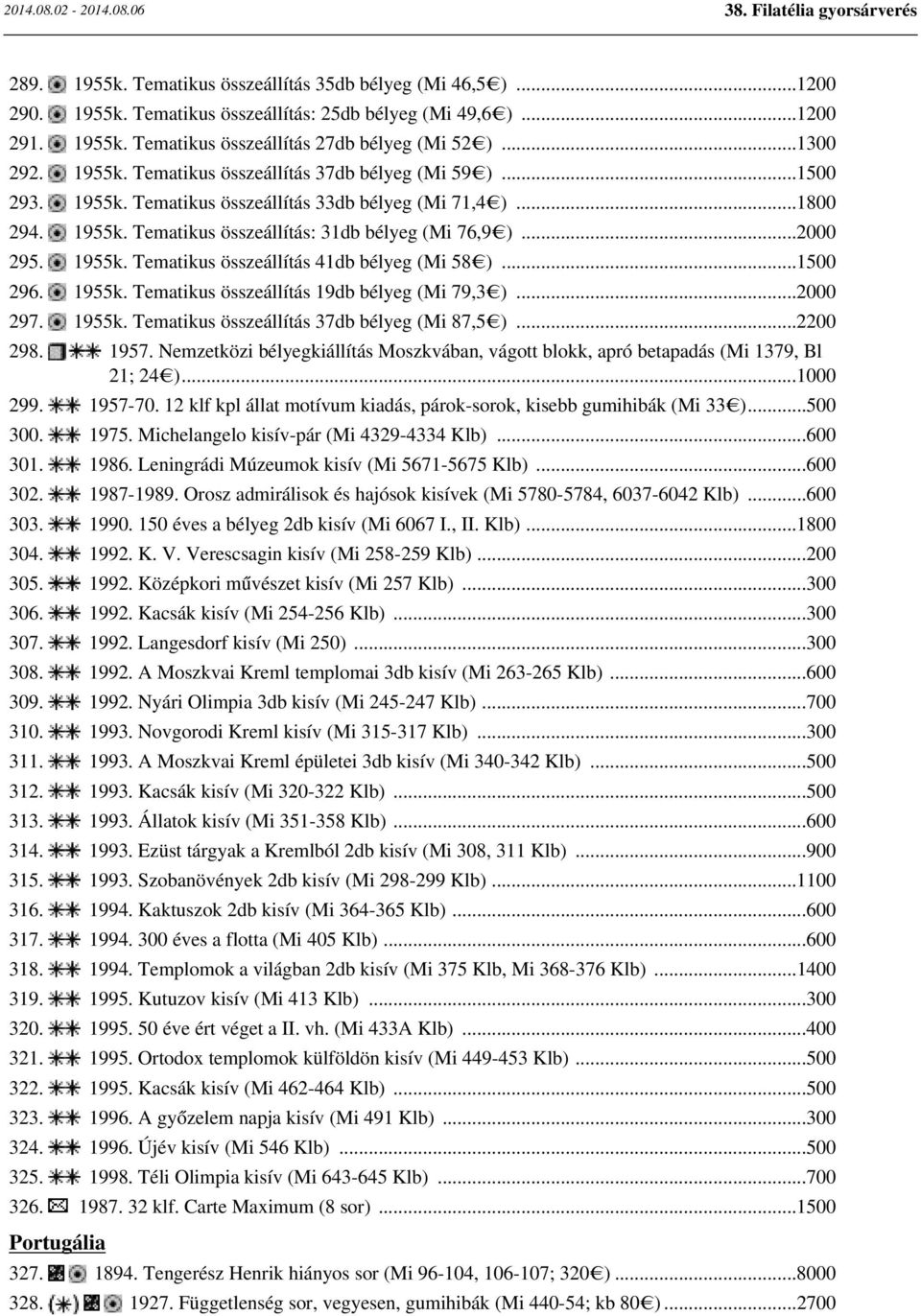 ..1500 296. 1955k. Tematikus összeállítás 19db bélyeg (Mi 79,3 )...2000 297. 1955k. Tematikus összeállítás 37db bélyeg (Mi 87,5 )...2200 298. 1957.