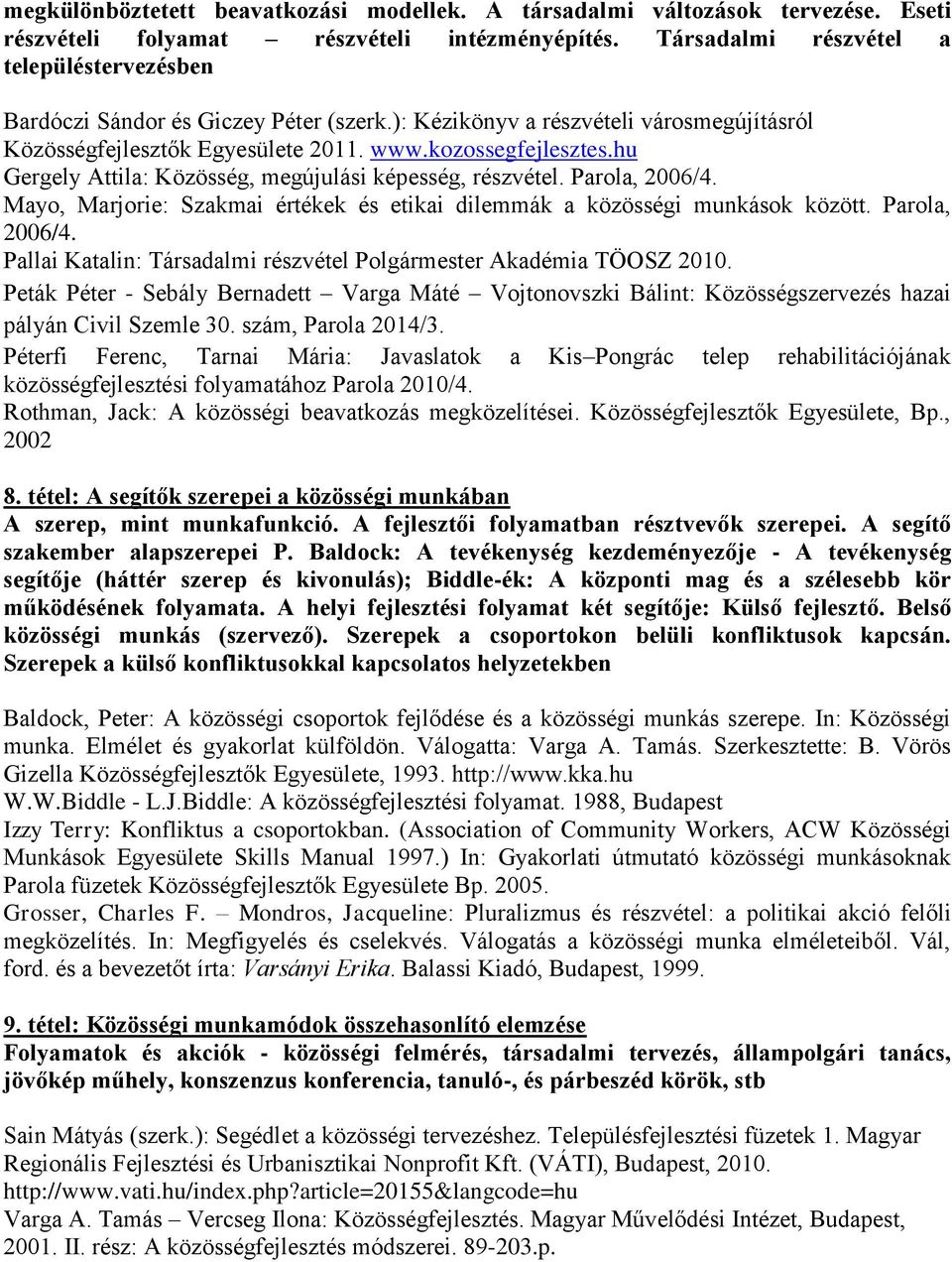 hu Gergely Attila: Közösség, megújulási képesség, részvétel. Parola, 2006/4. Mayo, Marjorie: Szakmai értékek és etikai dilemmák a közösségi munkások között. Parola, 2006/4. Pallai Katalin: Társadalmi részvétel Polgármester Akadémia TÖOSZ 2010.