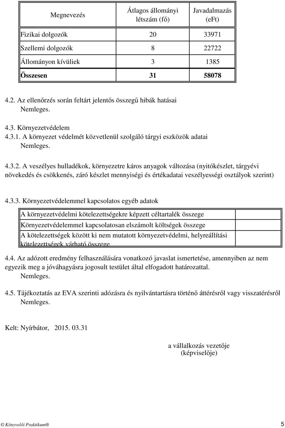 .. A veszélyes hulladékok, környezetre káros anyagok változása (nyitókészlet, tárgyévi növekedés és csökkenés, záró készlet mennyiségi és értékadatai veszélyességi osztályok szerint) 4.