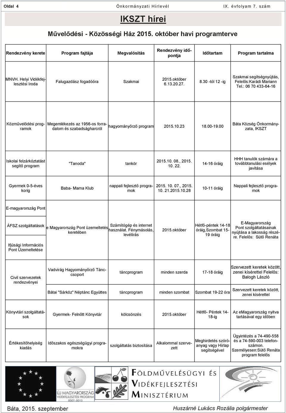 : 06 70 433-64-16 Közművelődési programok Megemlékezés az 1956-os forradalom és szabadságharcról hagyományőrző program 2015.10.23 18.00-19.