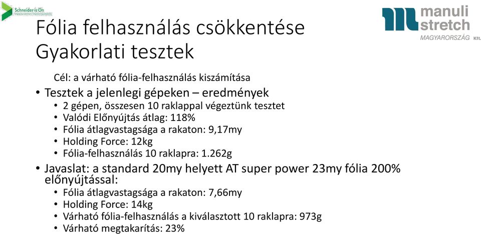 12kg Fólia-felhasználás 10 raklapra: 1.