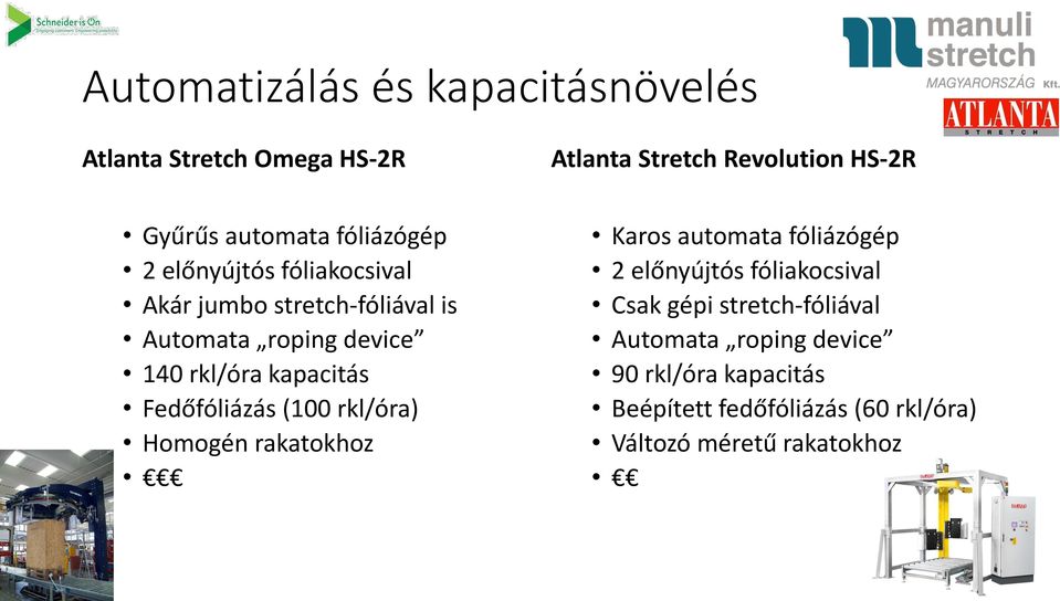 Fedőfóliázás (100 rkl/óra) Homogén rakatokhoz Karos automata fóliázógép 2 előnyújtós fóliakocsival Csak gépi