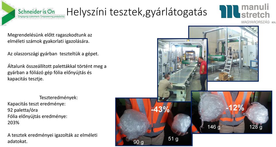 Általunk összeállított palettákkal történt meg a gyárban a fóliázó gép fólia előnyújtás és kapacitás tesztje.