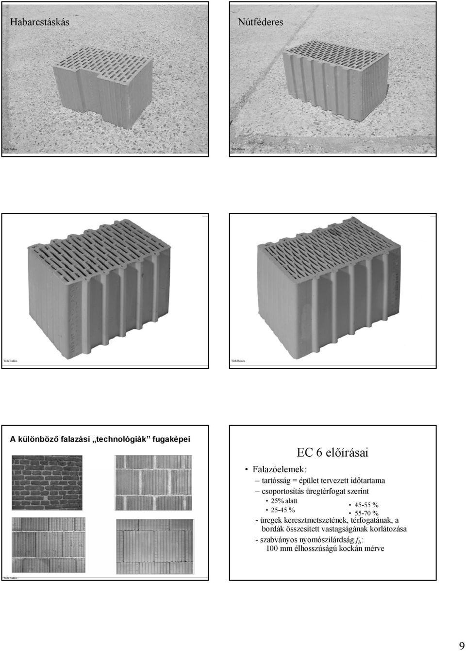 A különböző falazási technológiák fugaképei EC 6 előírásai Falazóelemek: tartósság = épület tervezett