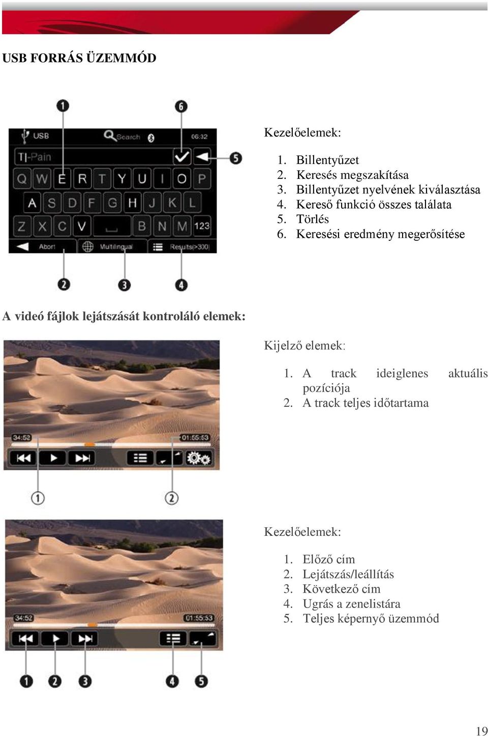 Keresési eredmény megerősítése A videó fájlok lejátszását kontroláló elemek: Kijelző elemek: 1.