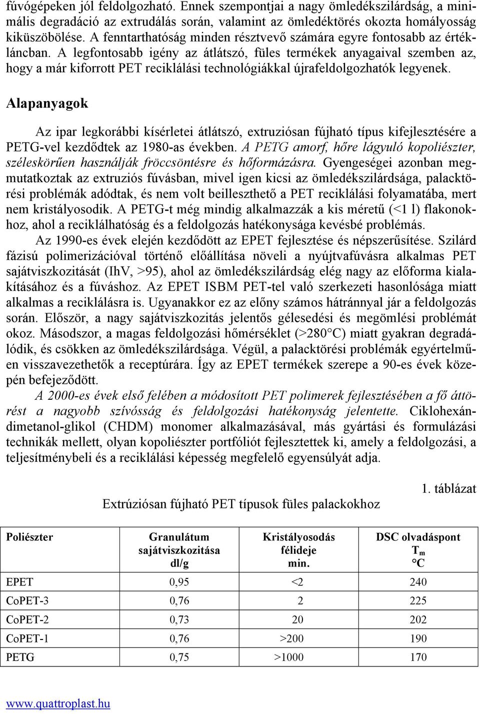 A legfontosabb igény az átlátszó, füles termékek anyagaival szemben az, hogy a már kiforrott PET reciklálási technológiákkal újrafeldolgozhatók legyenek.