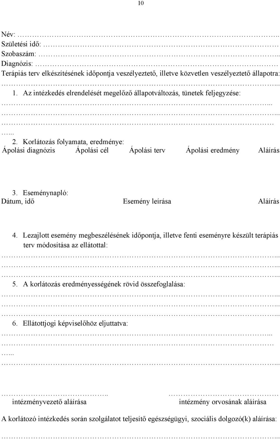 Eseménynapló: Dátum, idő Esemény leírása Aláírás 4. Lezajlott esemény megbeszélésének időpontja, illetve fenti eseményre készült terápiás terv módosítása az ellátottal: 5.