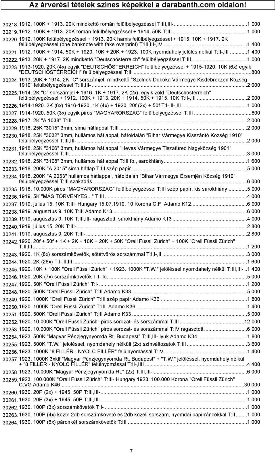 50K + 1920. 10K + 20K + 1923. 100K nyomdahely jelölés nélkül T:II-,III...1 400 30222.1913. 20K + 1917. 2K mindkettő "Deutschösterreich" felülbélyegzéssel T:III...1 000 30223.1913-1920.