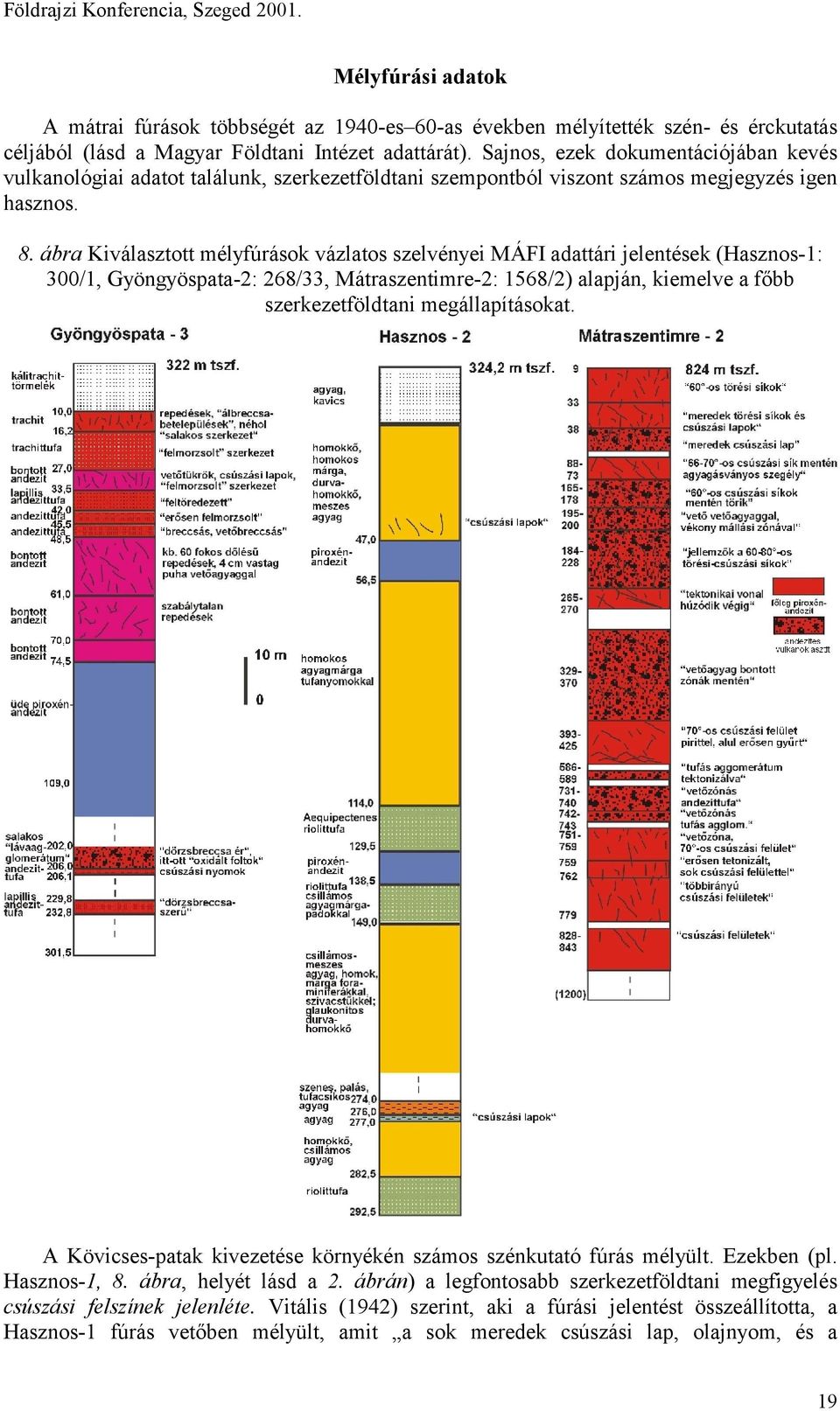 ábra Kiválasztott mélyfúrások vázlatos szelvényei MÁFI adattári jelentések (Hasznos-1: 300/1, Gyöngyöspata-2: 268/33, Mátraszentimre-2: 1568/2) alapján, kiemelve a főbb szerkezetföldtani