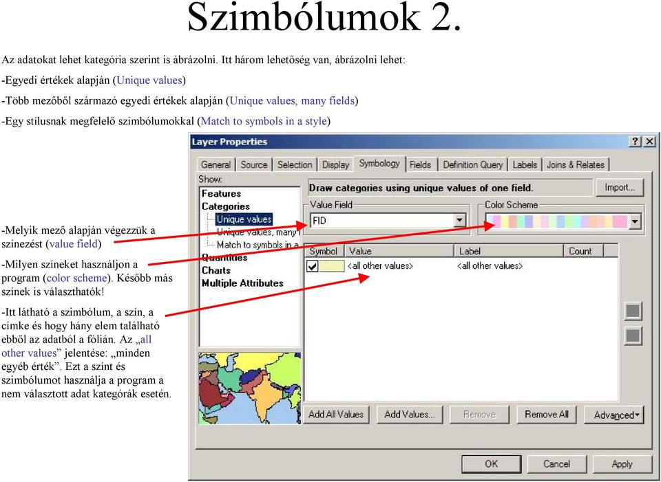 stílusnak megfelelő szimbólumokkal (Match to symbols in a style) -Melyik mező alapján végezzük a színezést (value field) -Milyen színeket használjon a program (color